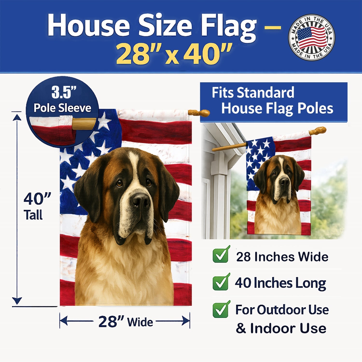 Brindle and White Saint Bernard American Flag House Flag 28x40 Porch Sleeve Pole Decorative Outside Yard Banner Artwork Wall Hanging, Polyester