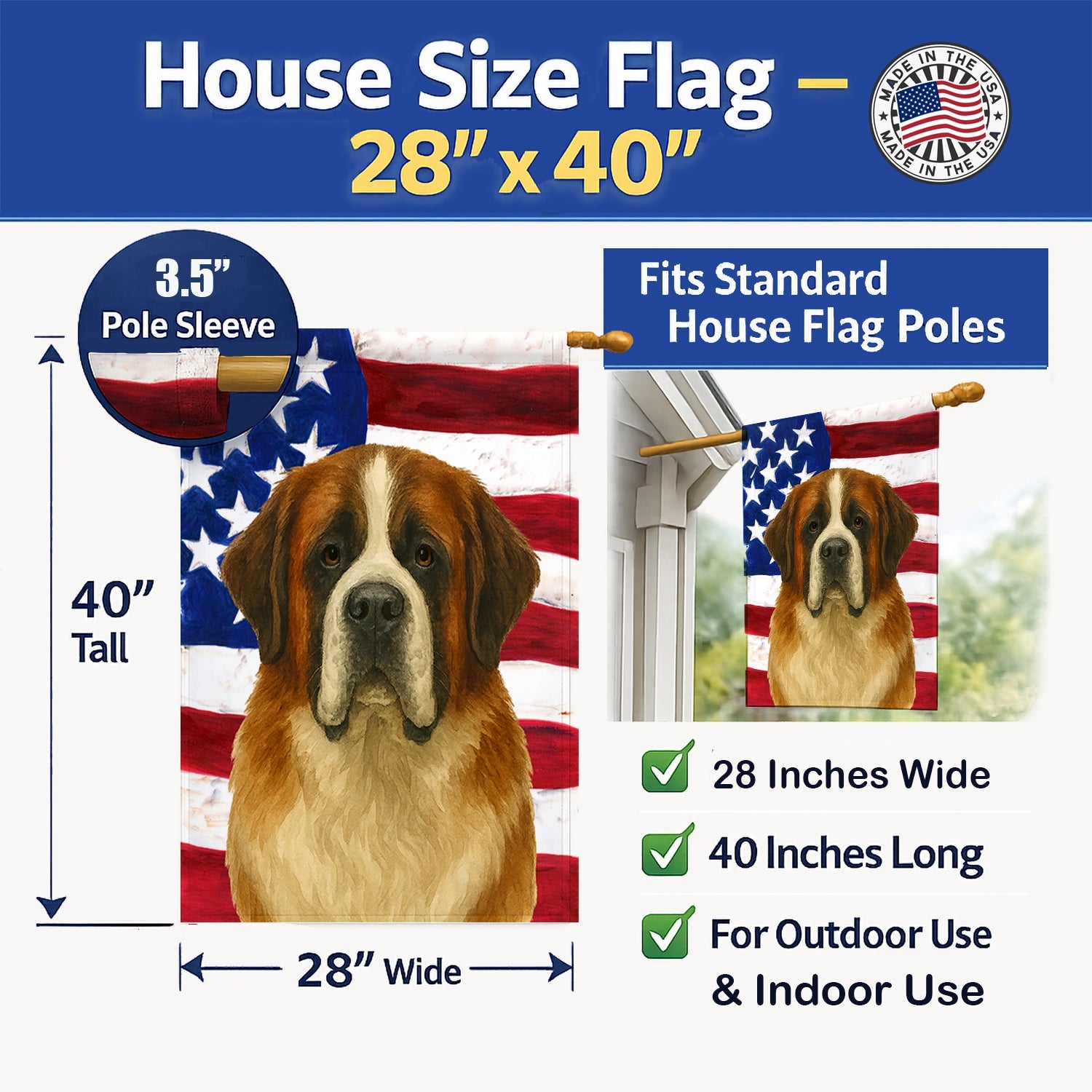 Brown and White Saint Bernard American Flag House Flag 28x40 Porch Sleeve Pole Decorative Outside Yard Banner Artwork Wall Hanging, Polyester