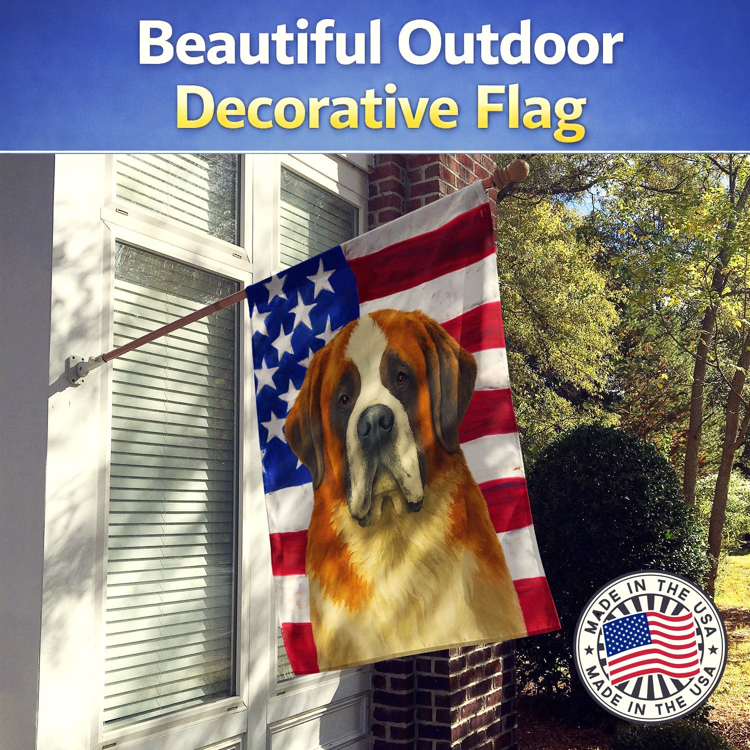 Red and White Saint Bernard American Flag House Flag 28x40 Porch Sleeve Pole Decorative Outside Yard Banner Artwork Wall Hanging, Polyester
