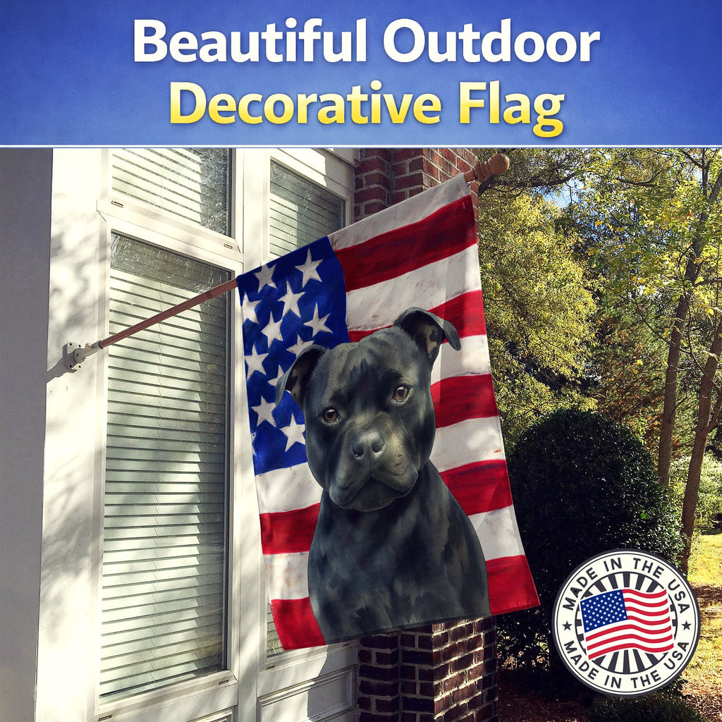 Black Staffordshire Bull Terrier American Flag House Flag 28x40 Porch Sleeve Pole Decorative Outside Yard Banner Artwork Wall Hanging, Polyester