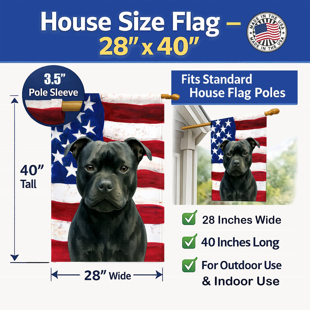 Black Staffordshire Bull Terrier American Flag House Flag 28x40 Porch Sleeve Pole Decorative Outside Yard Banner Artwork Wall Hanging, Polyester