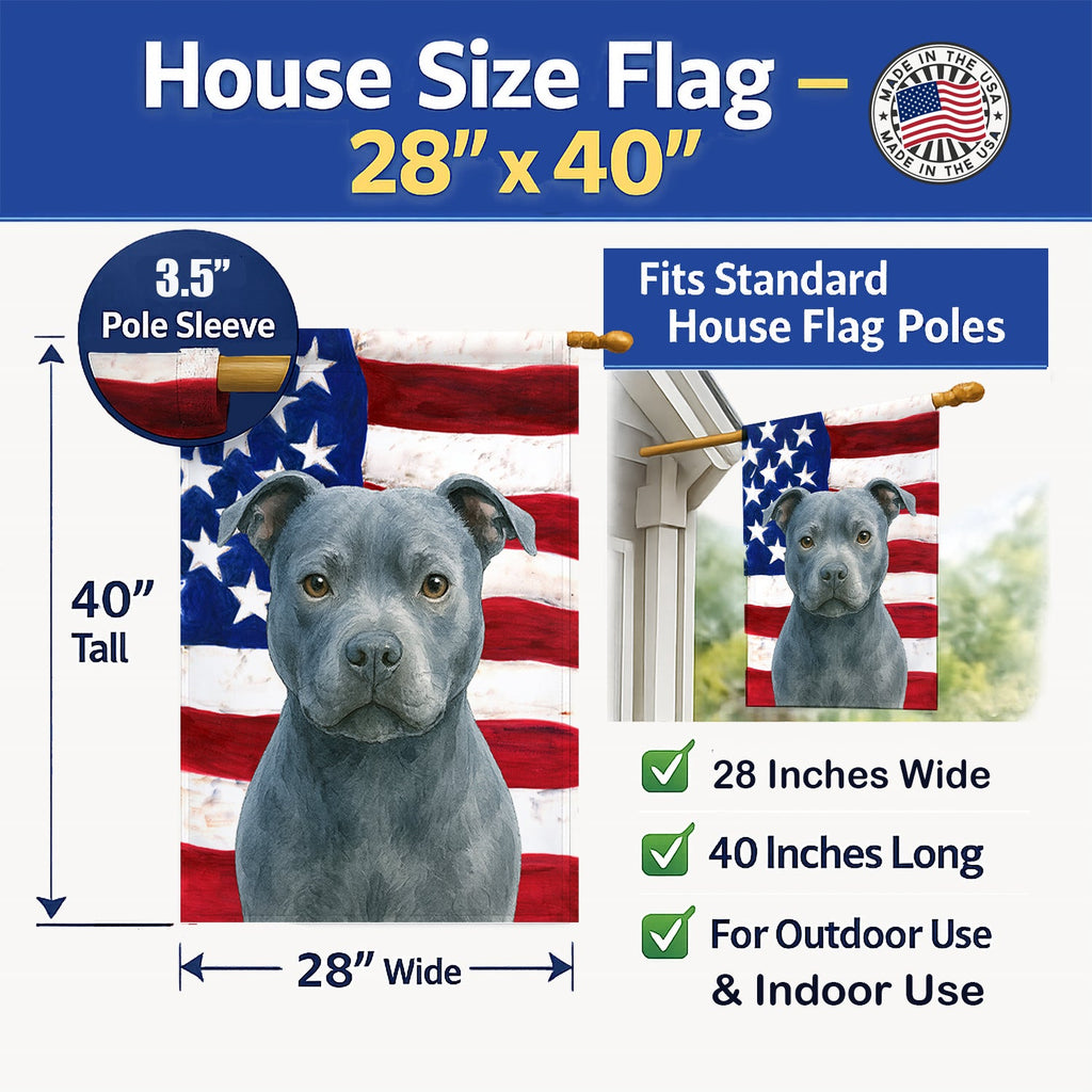 Blue Staffordshire Bull Terrier American Flag House Flag 28x40 Porch Sleeve Pole Decorative Outside Yard Banner Artwork Wall Hanging, Polyester