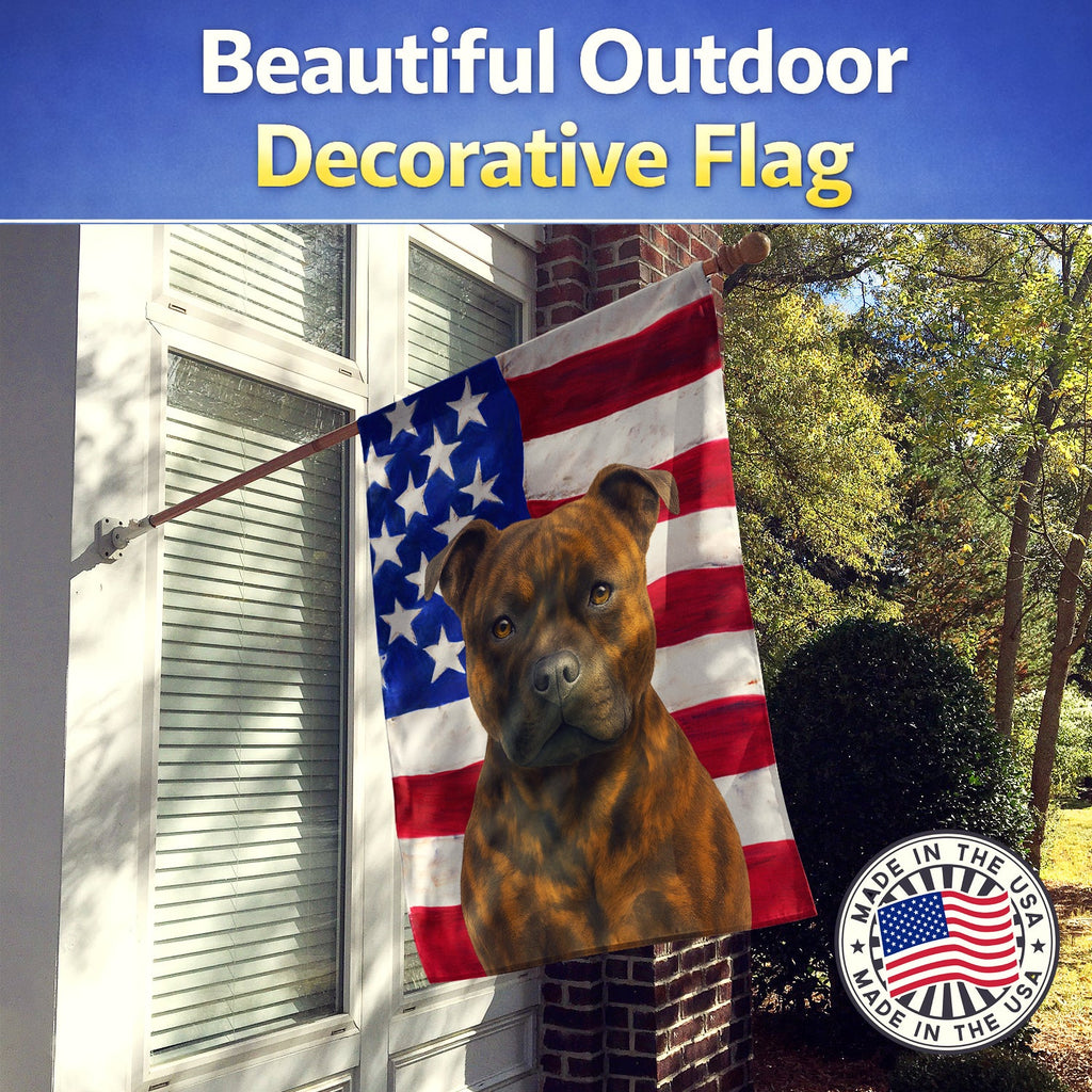 Brindle Staffordshire Bull Terrier American Flag House Flag 28x40 Porch Sleeve Pole Decorative Outside Yard Banner Artwork Wall Hanging, Polyester