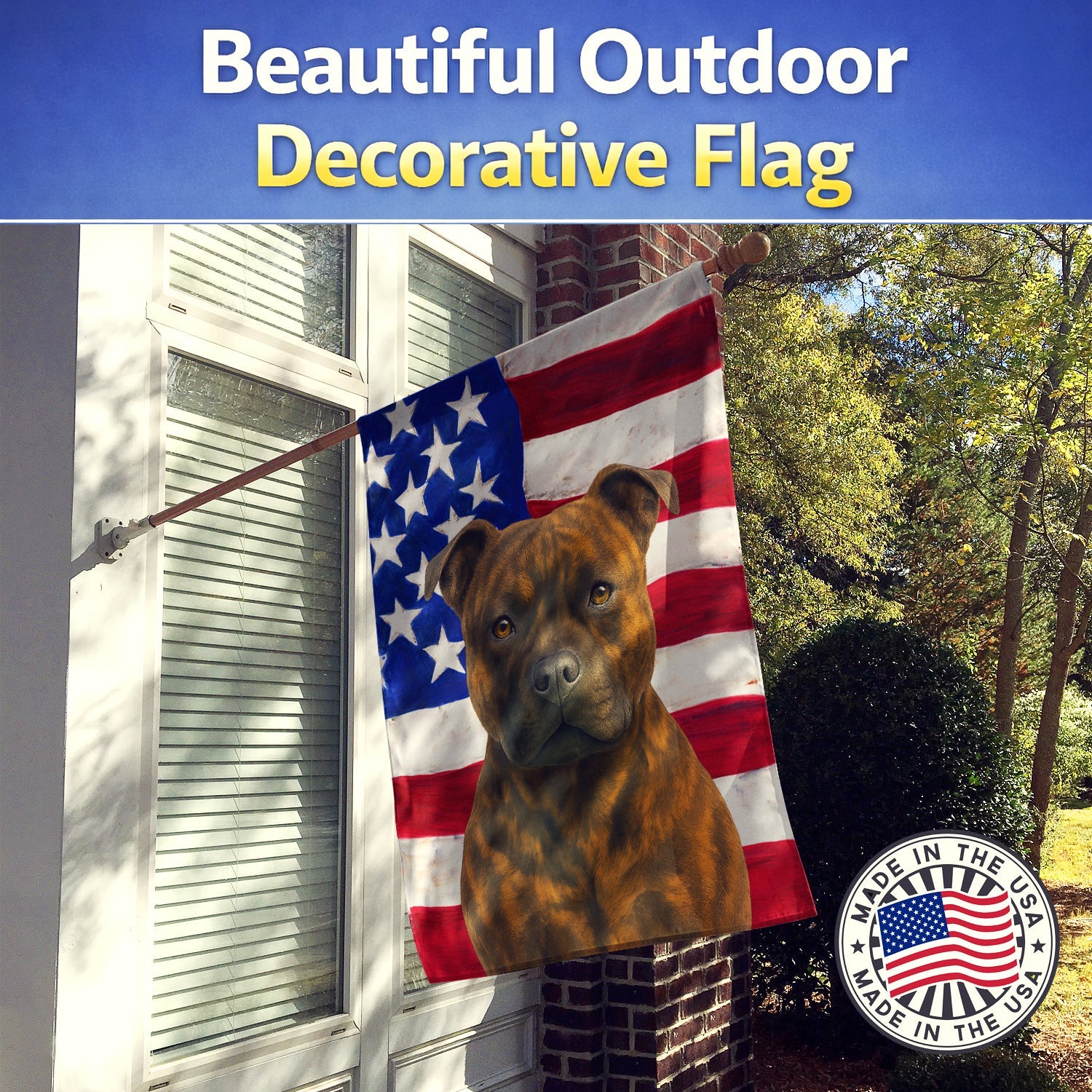 Brindle Staffordshire Bull Terrier American Flag House Flag 28x40 Porch Sleeve Pole Decorative Outside Yard Banner Artwork Wall Hanging, Polyester