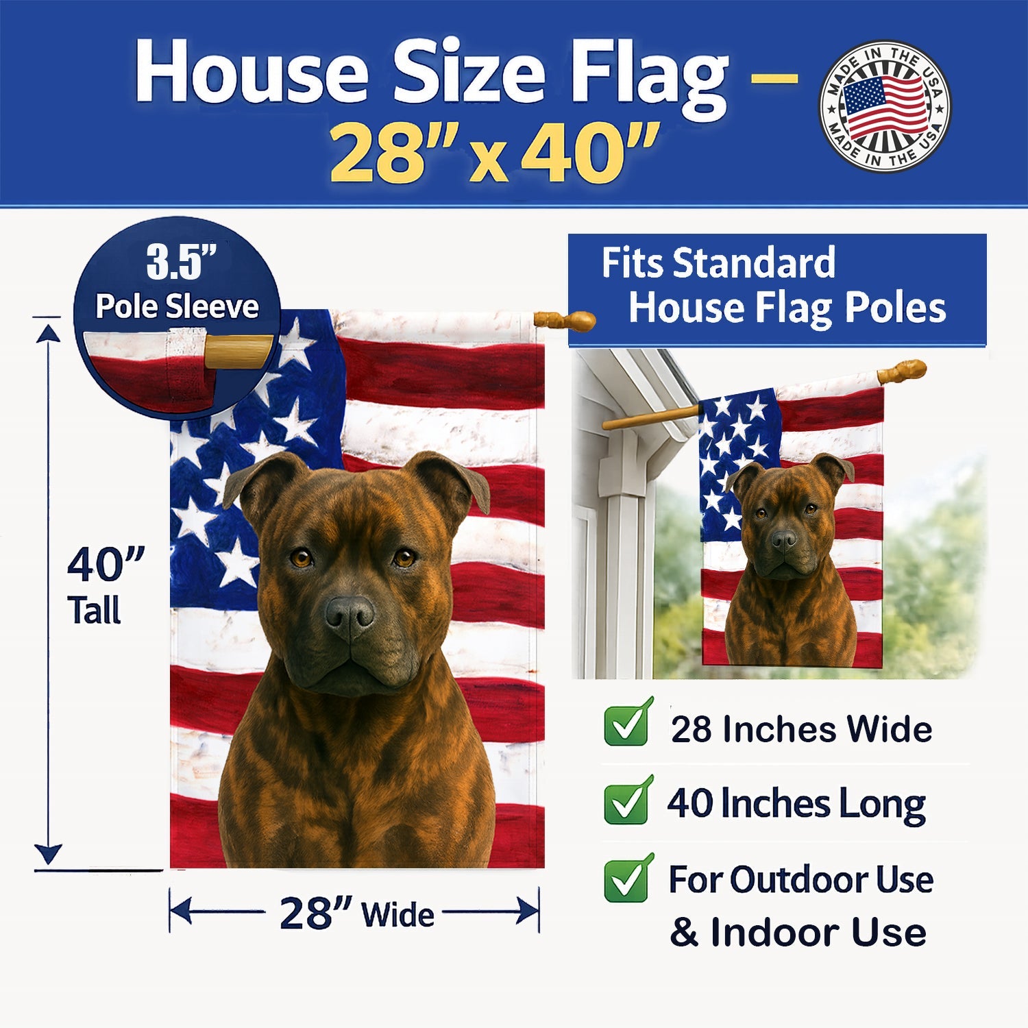 Brindle Staffordshire Bull Terrier American Flag House Flag 28x40 Porch Sleeve Pole Decorative Outside Yard Banner Artwork Wall Hanging, Polyester