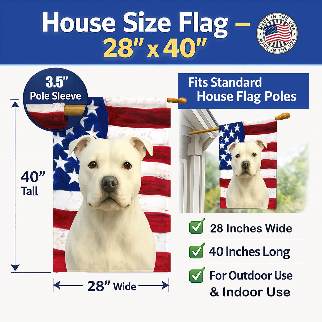 White Staffordshire Bull Terrier American Flag House Flag 28x40 Porch Sleeve Pole Decorative Outside Yard Banner Artwork Wall Hanging, Polyester