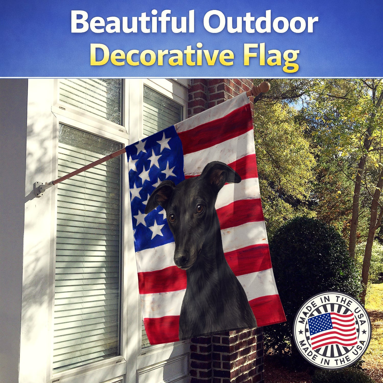 Black Whippet American Flag House Flag 28x40 Porch Sleeve Pole Decorative Outside Yard Banner Artwork Wall Hanging, Polyester