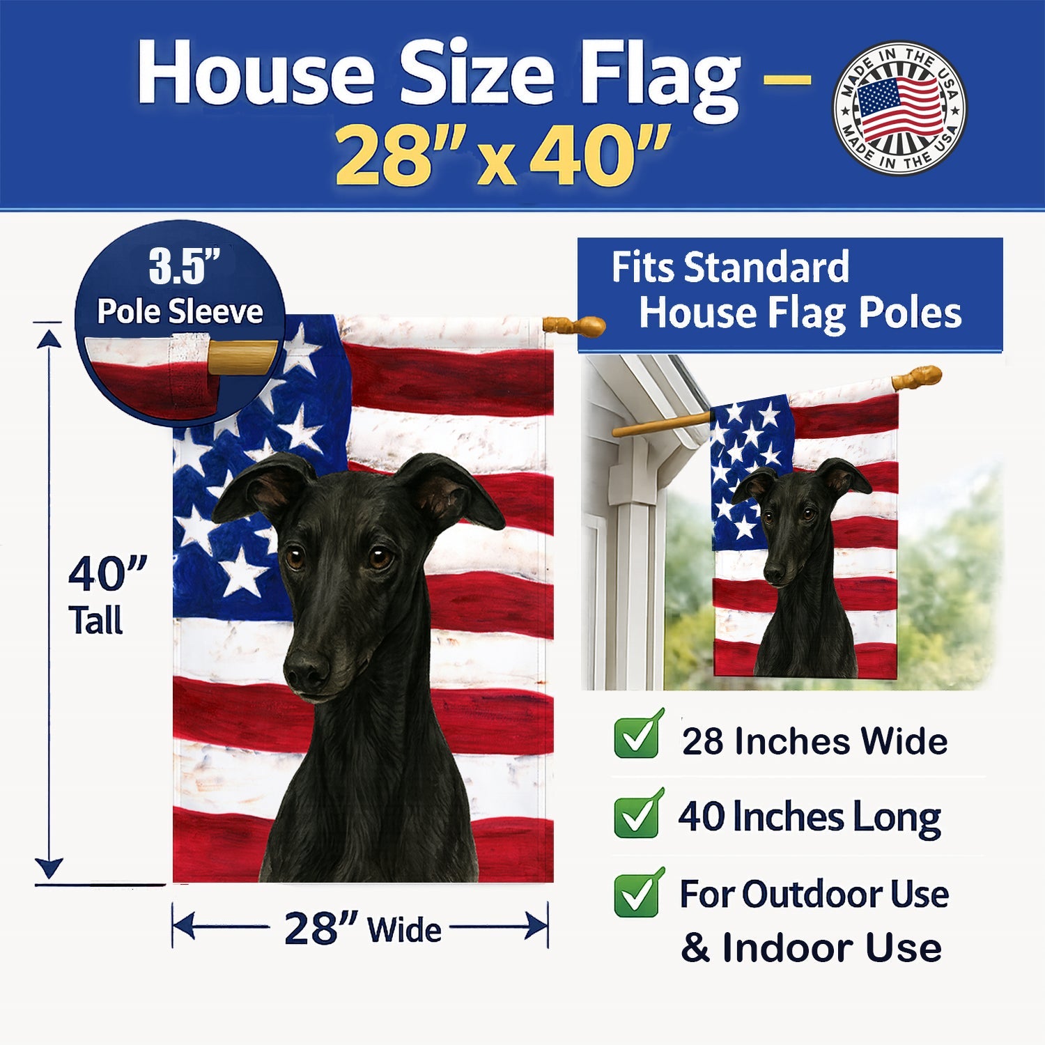 Black Whippet American Flag House Flag 28x40 Porch Sleeve Pole Decorative Outside Yard Banner Artwork Wall Hanging, Polyester