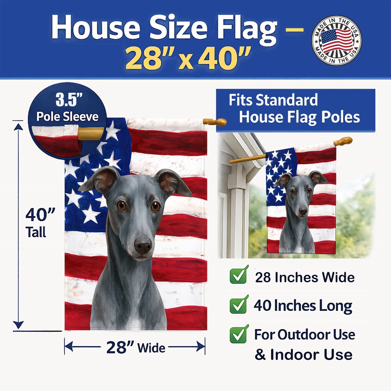 Blue Whippet American Flag House Flag 28x40 Porch Sleeve Pole Decorative Outside Yard Banner Artwork Wall Hanging, Polyester