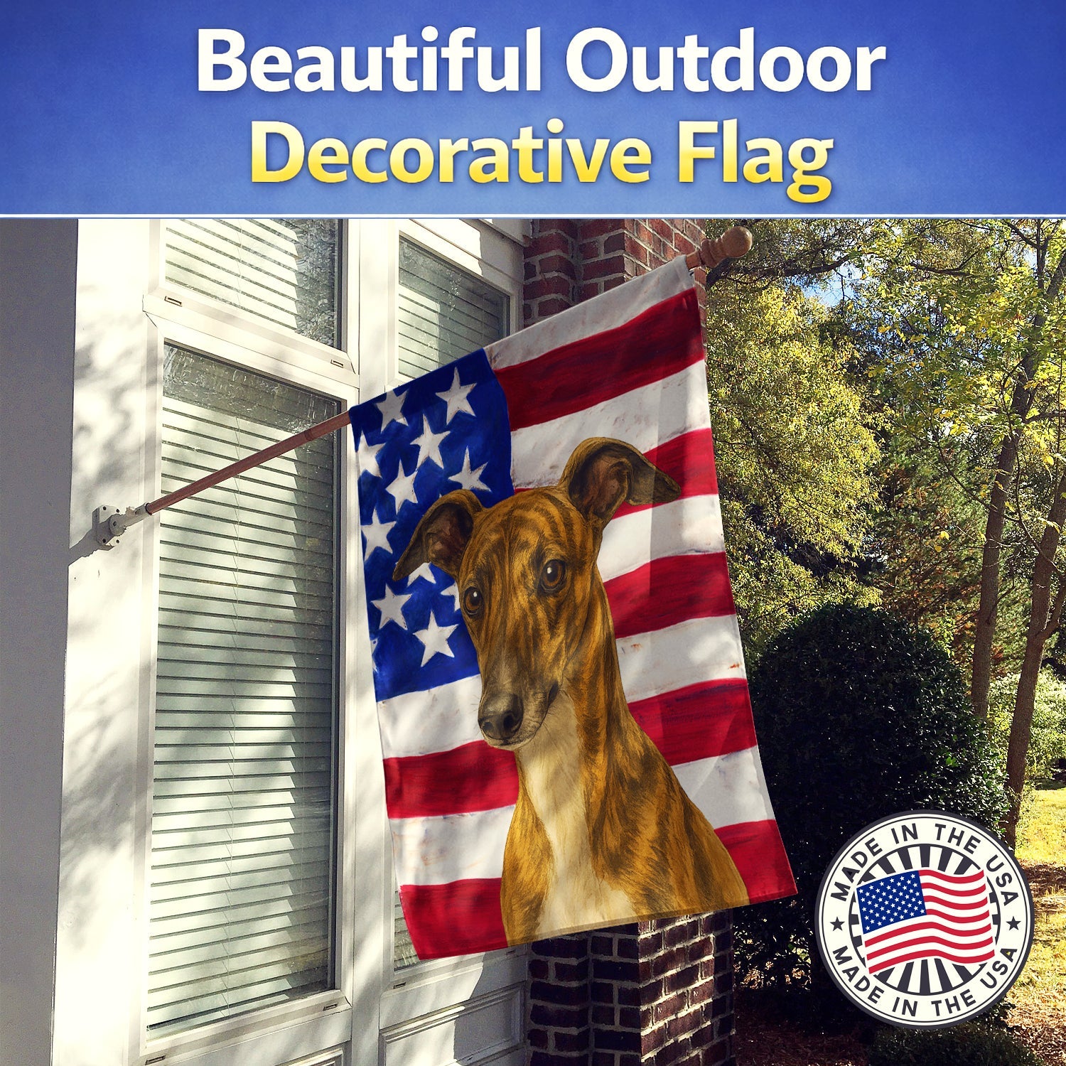 Brindle Whippet American Flag House Flag 28x40 Porch Sleeve Pole Decorative Outside Yard Banner Artwork Wall Hanging, Polyester