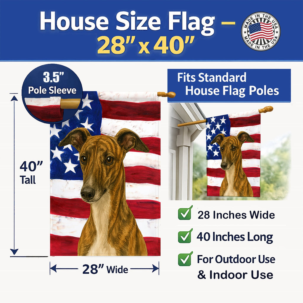 Brindle Whippet American Flag House Flag 28x40 Porch Sleeve Pole Decorative Outside Yard Banner Artwork Wall Hanging, Polyester