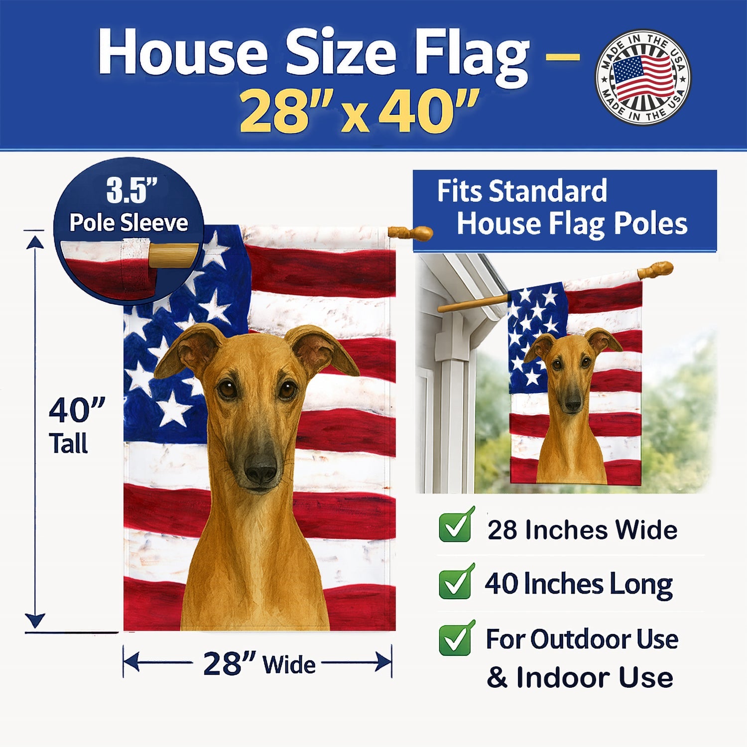 Fawn Whippet American Flag House Flag 28x40 Porch Sleeve Pole Decorative Outside Yard Banner Artwork Wall Hanging, Polyester