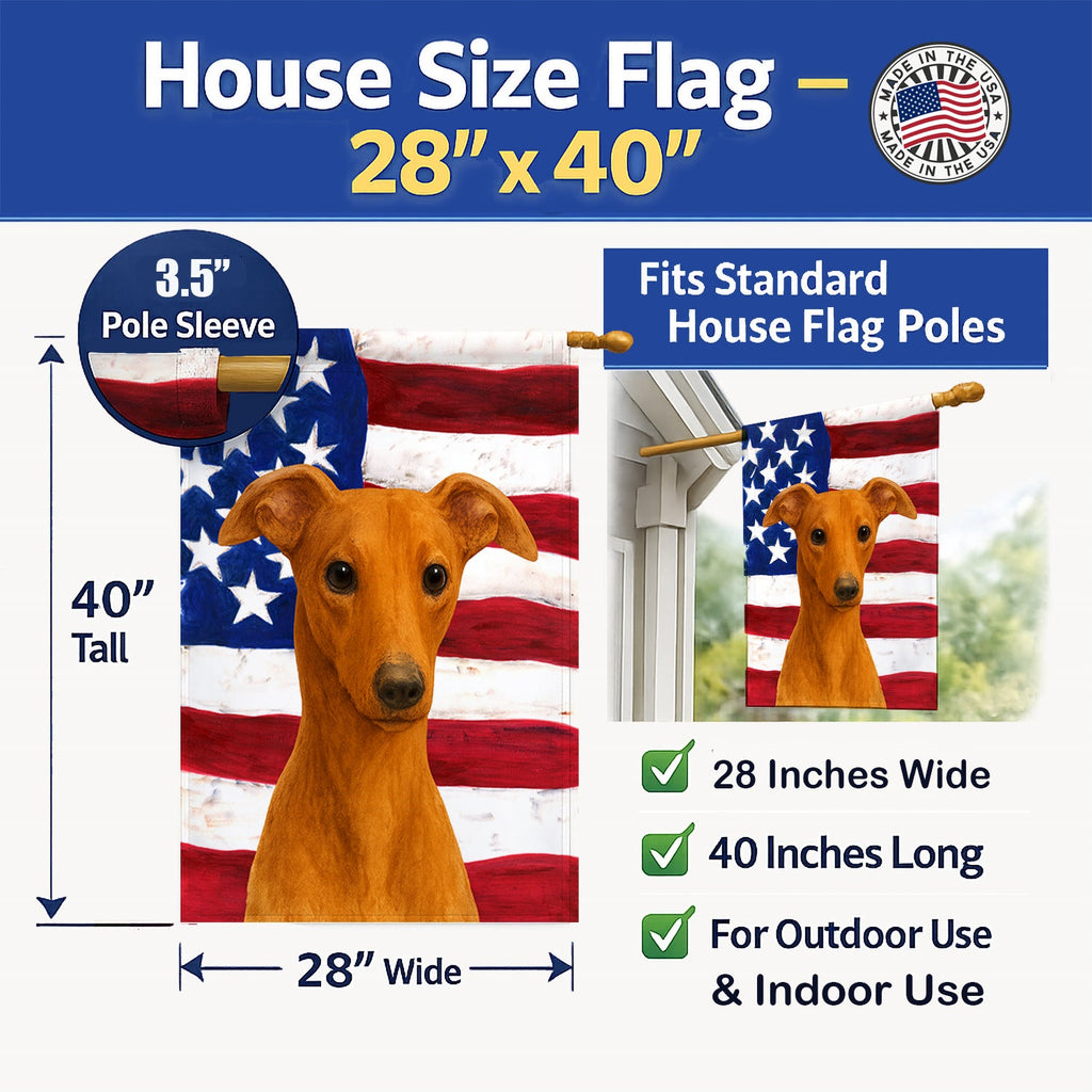 Red Whippet American Flag House Flag 28x40 Porch Sleeve Pole Decorative Outside Yard Banner Artwork Wall Hanging, Polyester