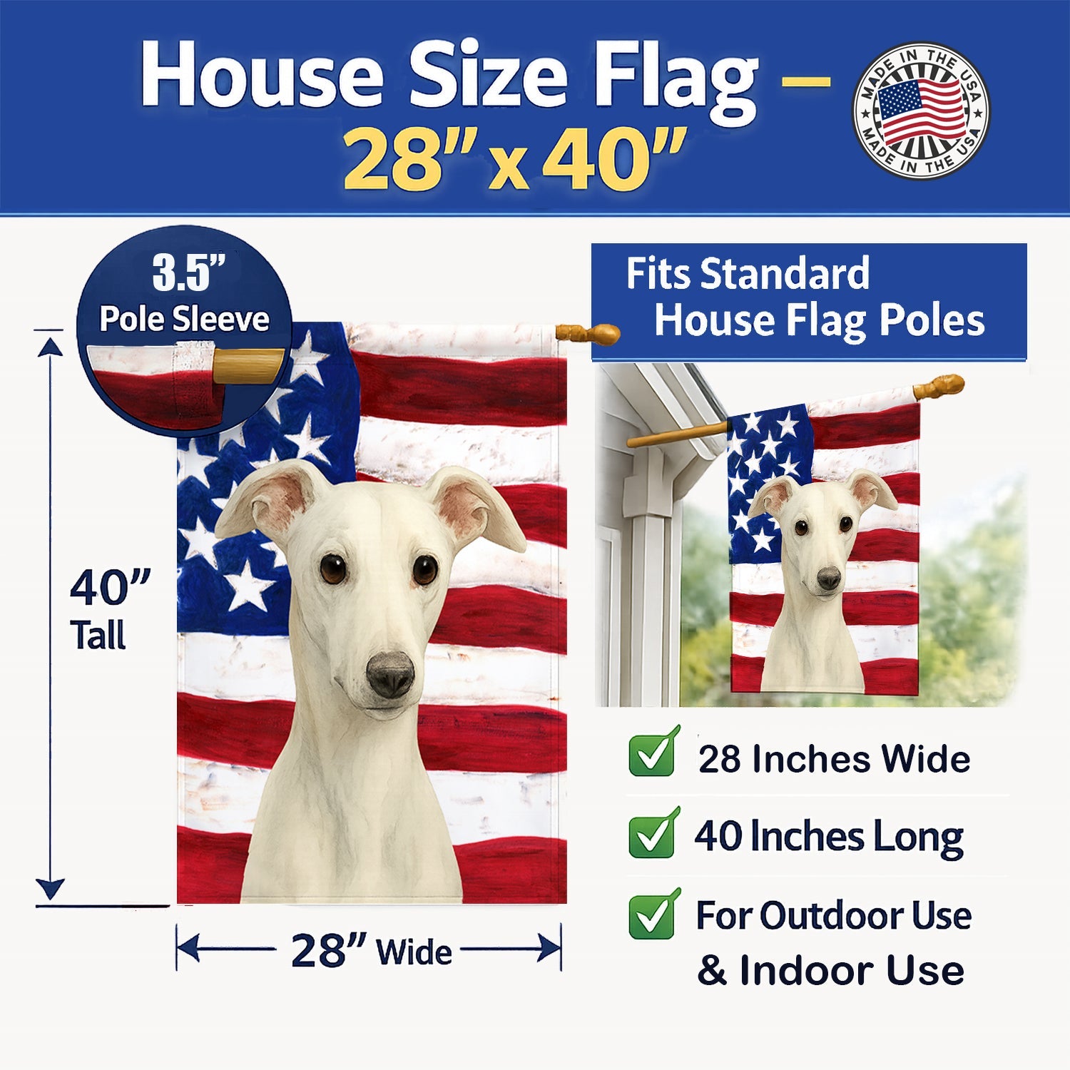 White Whippet American Flag House Flag 28x40 Porch Sleeve Pole Decorative Outside Yard Banner Artwork Wall Hanging, Polyester
