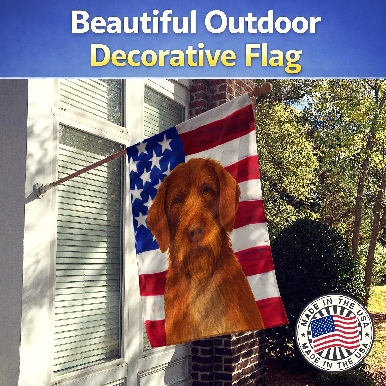 Chestnut Wirehaired Pointing Griffon American Flag House Flag 28x40 Porch Sleeve Pole Decorative Outside Yard Banner Artwork Wall Hanging, Polyester