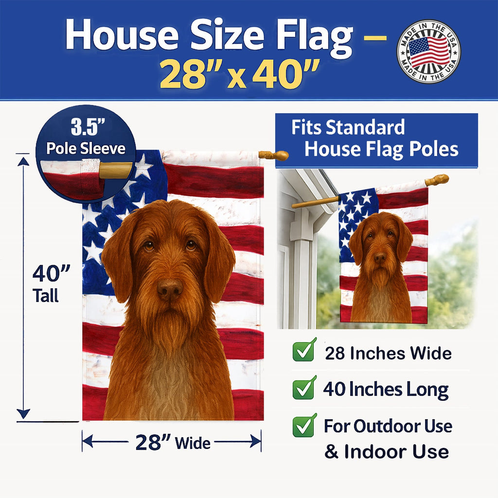 Chestnut Wirehaired Pointing Griffon American Flag House Flag 28x40 Porch Sleeve Pole Decorative Outside Yard Banner Artwork Wall Hanging, Polyester