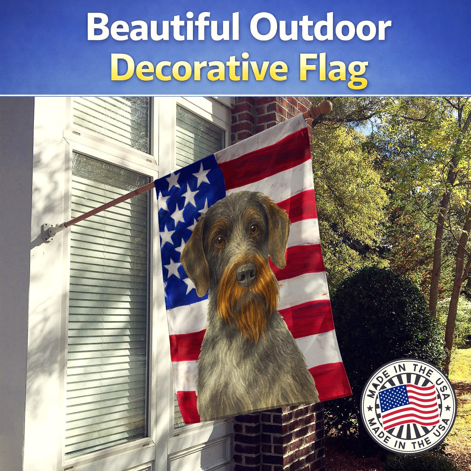 Steel Gray Wirehaired Pointing Griffon American Flag House Flag 28x40 Porch Sleeve Pole Decorative Outside Yard Banner Artwork Wall Hanging, Polyester