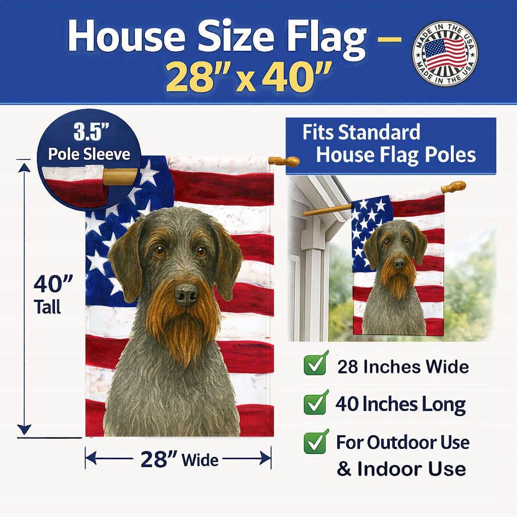 Steel Gray Wirehaired Pointing Griffon American Flag House Flag 28x40 Porch Sleeve Pole Decorative Outside Yard Banner Artwork Wall Hanging, Polyester