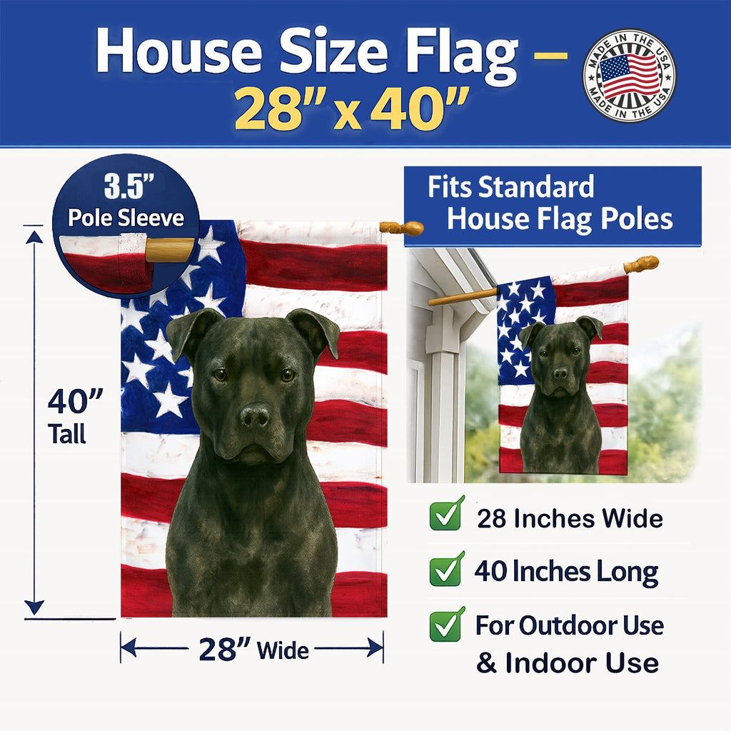 Black American Staffordshire Terrier American Flag House Flag 28x40 Porch Sleeve Pole Decorative Outside Yard Banner Artwork Wall Hanging, Polyester