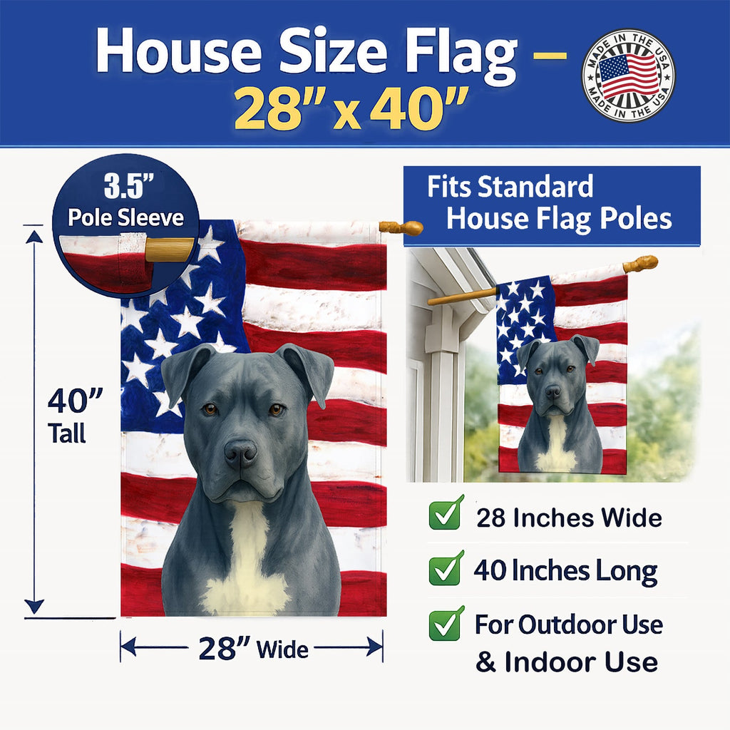 Blue American Staffordshire Terrier American Flag House Flag 28x40 Porch Sleeve Pole Decorative Outside Yard Banner Artwork Wall Hanging, Polyester