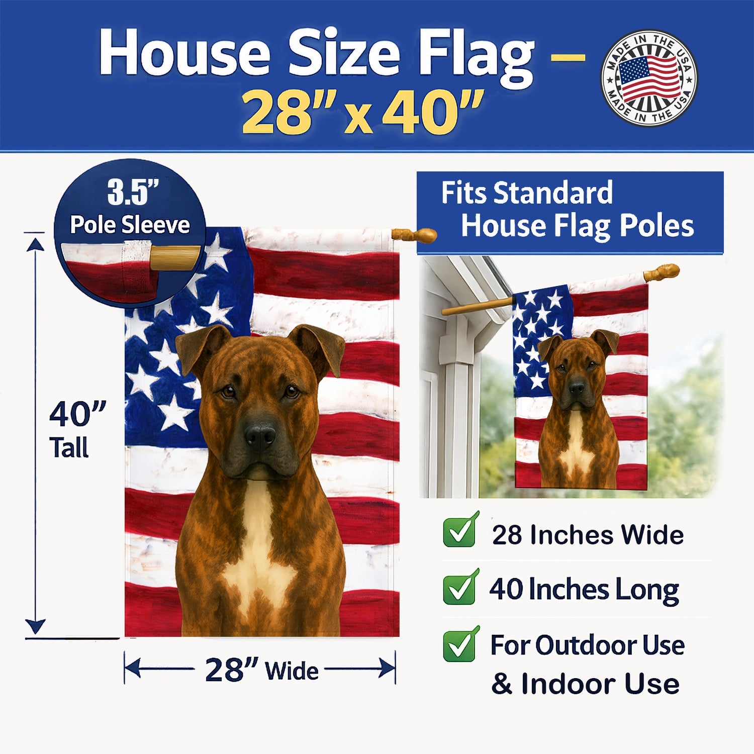 Brindle American Staffordshire Terrier American Flag House Flag 28x40 Porch Sleeve Pole Decorative Outside Yard Banner Artwork Wall Hanging, Polyester