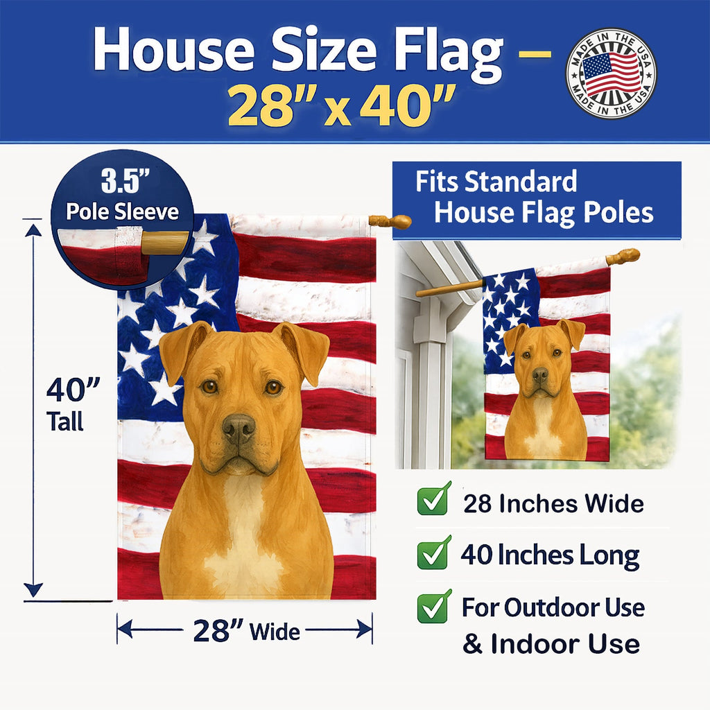 Fawn American Staffordshire Terrier American Flag House Flag 28x40 Porch Sleeve Pole Decorative Outside Yard Banner Artwork Wall Hanging, Polyester