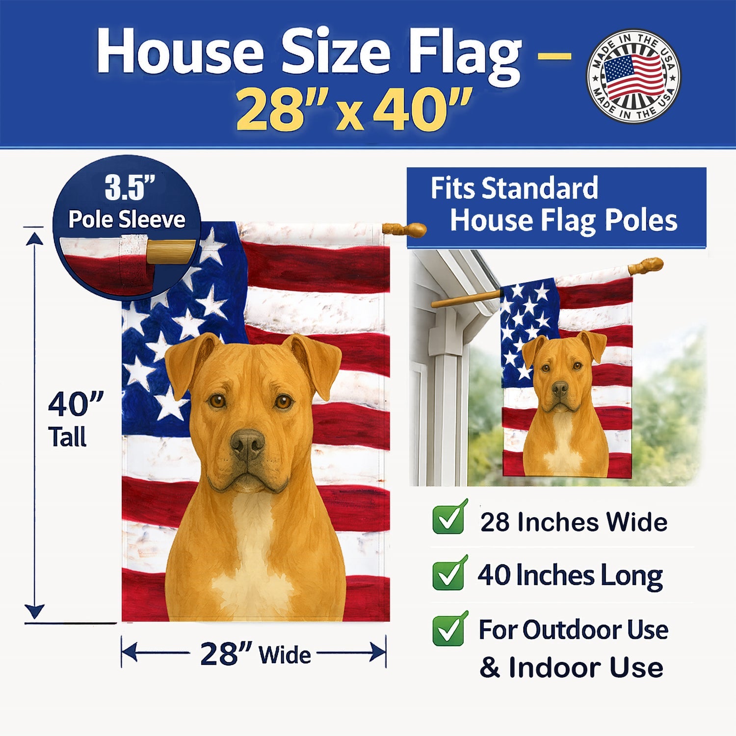 Fawn American Staffordshire Terrier American Flag House Flag 28x40 Porch Sleeve Pole Decorative Outside Yard Banner Artwork Wall Hanging, Polyester