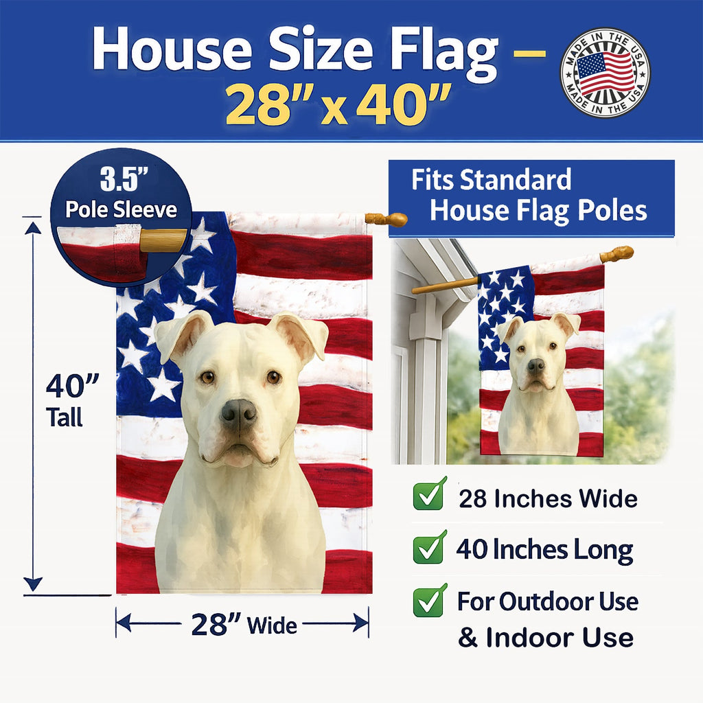White American Staffordshire Terrier American Flag House Flag 28x40 Porch Sleeve Pole Decorative Outside Yard Banner Artwork Wall Hanging, Polyester