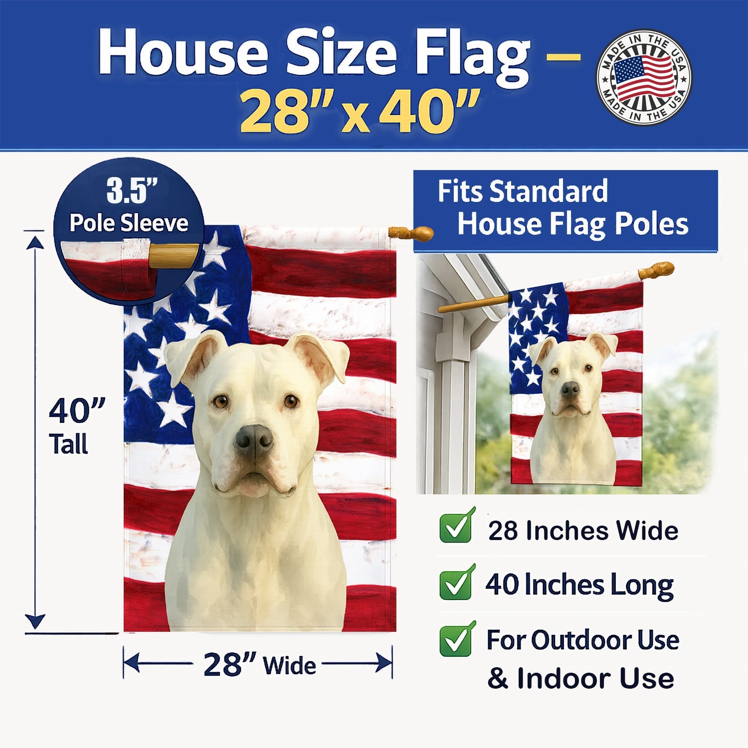 White American Staffordshire Terrier American Flag House Flag 28x40 Porch Sleeve Pole Decorative Outside Yard Banner Artwork Wall Hanging, Polyester