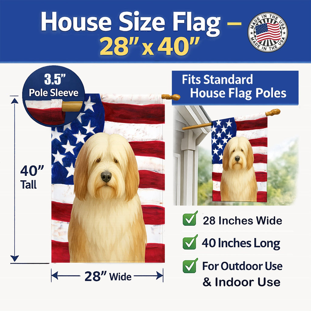 White and Tan Bearded Collie American Flag House Flag 28x40 Porch Sleeve Pole Decorative Outside Yard Banner Artwork Wall Hanging, Polyester