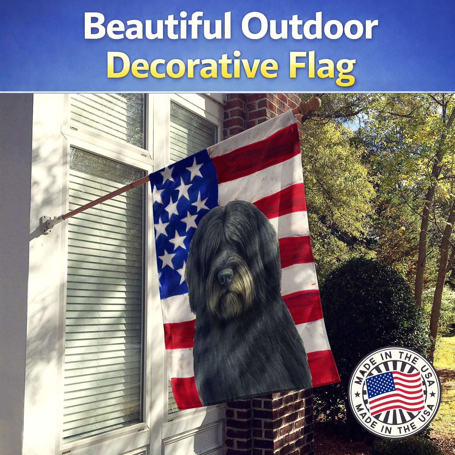Black Bearded Collie American Flag House Flag 28x40 Porch Sleeve Pole Decorative Outside Yard Banner Artwork Wall Hanging, Polyester