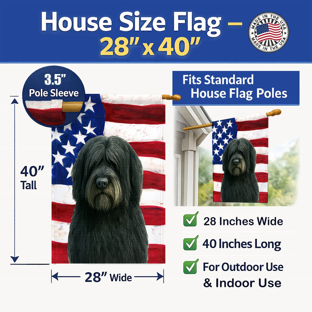 Black Bearded Collie American Flag House Flag 28x40 Porch Sleeve Pole Decorative Outside Yard Banner Artwork Wall Hanging, Polyester