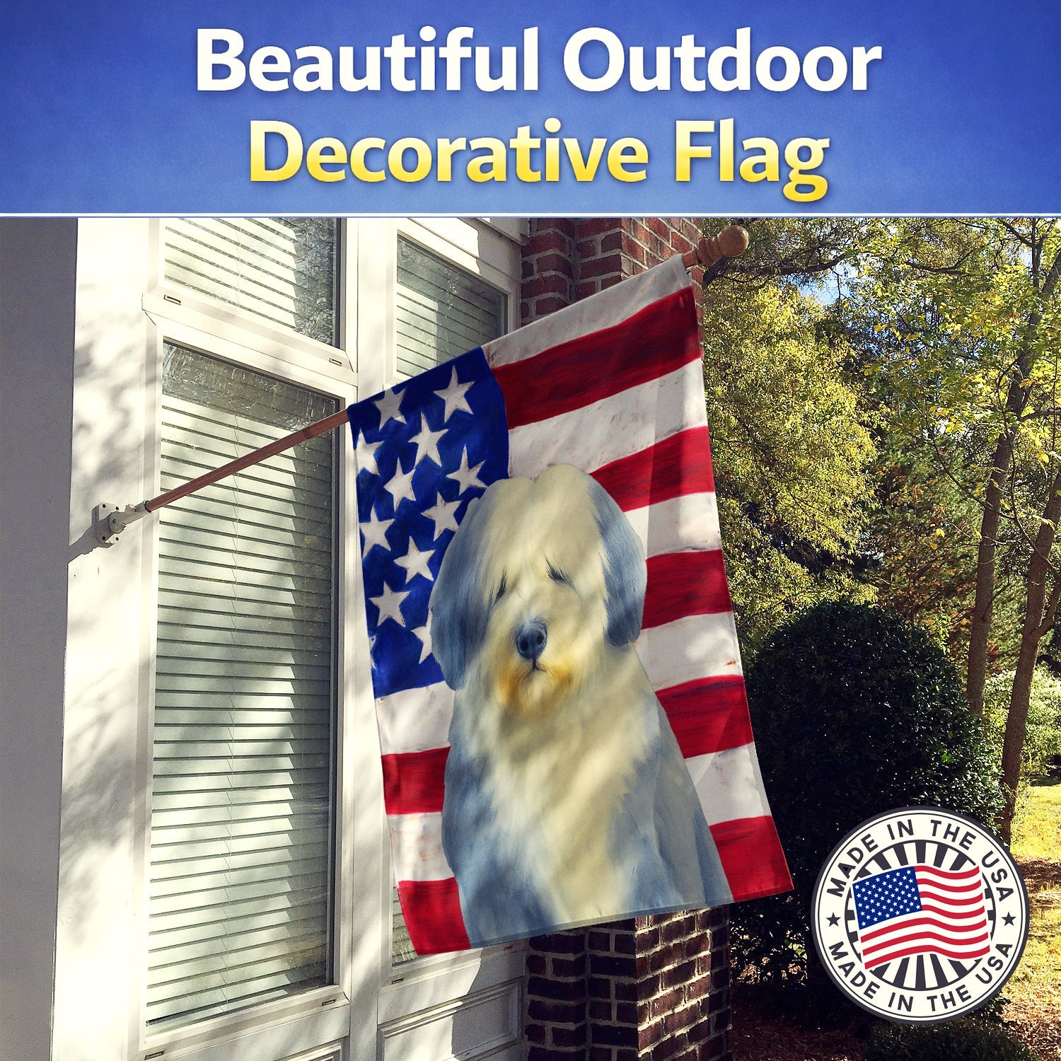 Blue Bearded Collie American Flag House Flag 28x40 Porch Sleeve Pole Decorative Outside Yard Banner Artwork Wall Hanging, Polyester