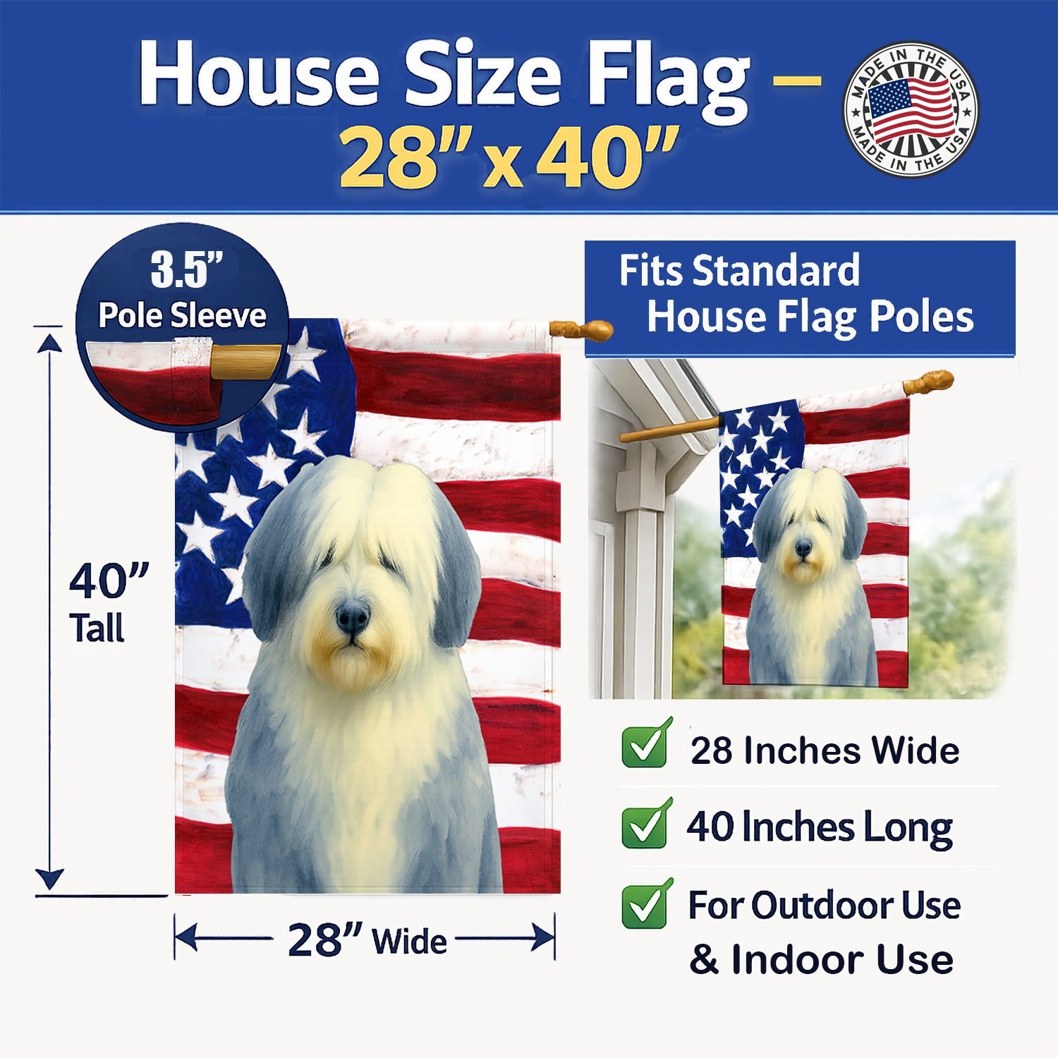 Blue Bearded Collie American Flag House Flag 28x40 Porch Sleeve Pole Decorative Outside Yard Banner Artwork Wall Hanging, Polyester