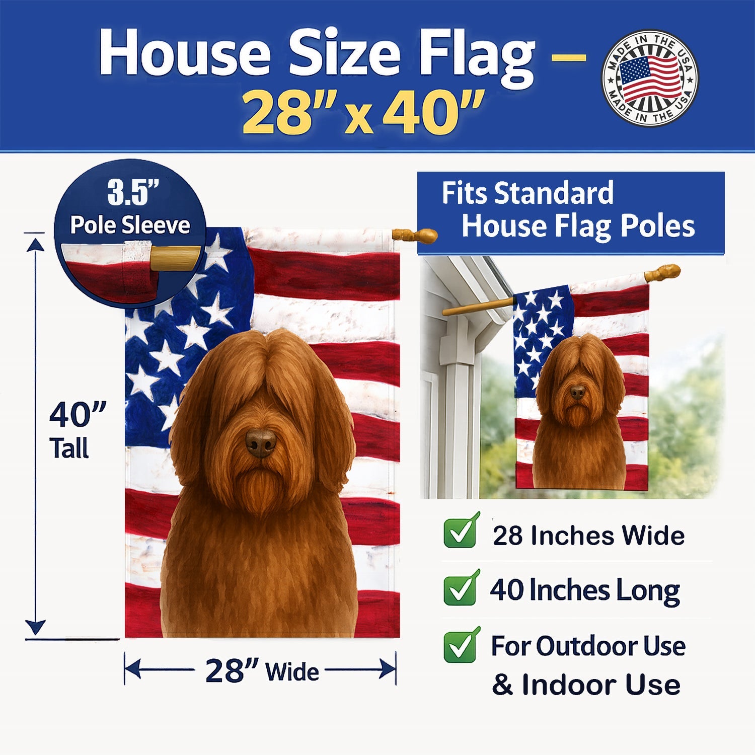 Brown Bearded Collie American Flag House Flag 28x40 Porch Sleeve Pole Decorative Outside Yard Banner Artwork Wall Hanging, Polyester