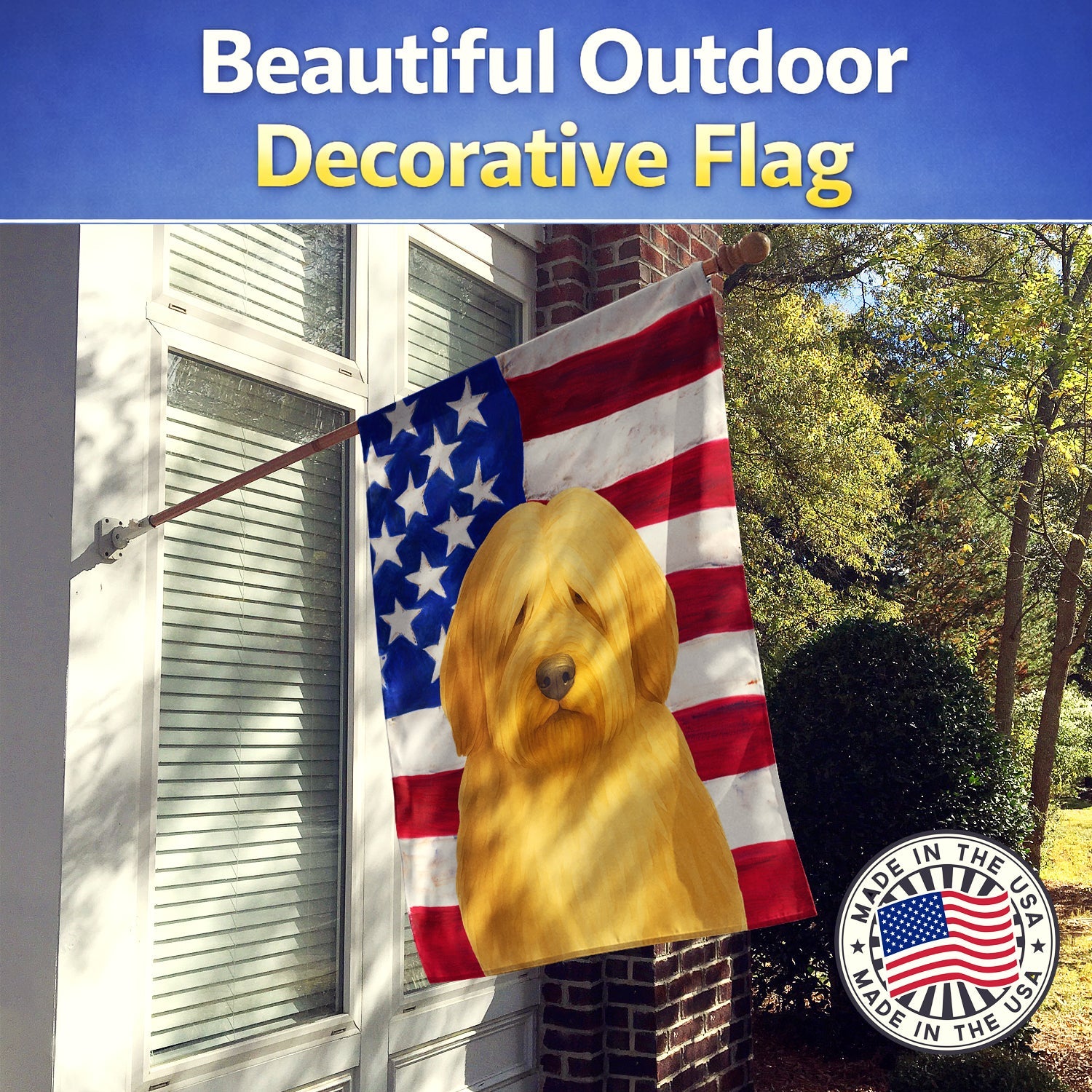 Fawn Bearded Collie American Flag House Flag 28x40 Porch Sleeve Pole Decorative Outside Yard Banner Artwork Wall Hanging, Polyester