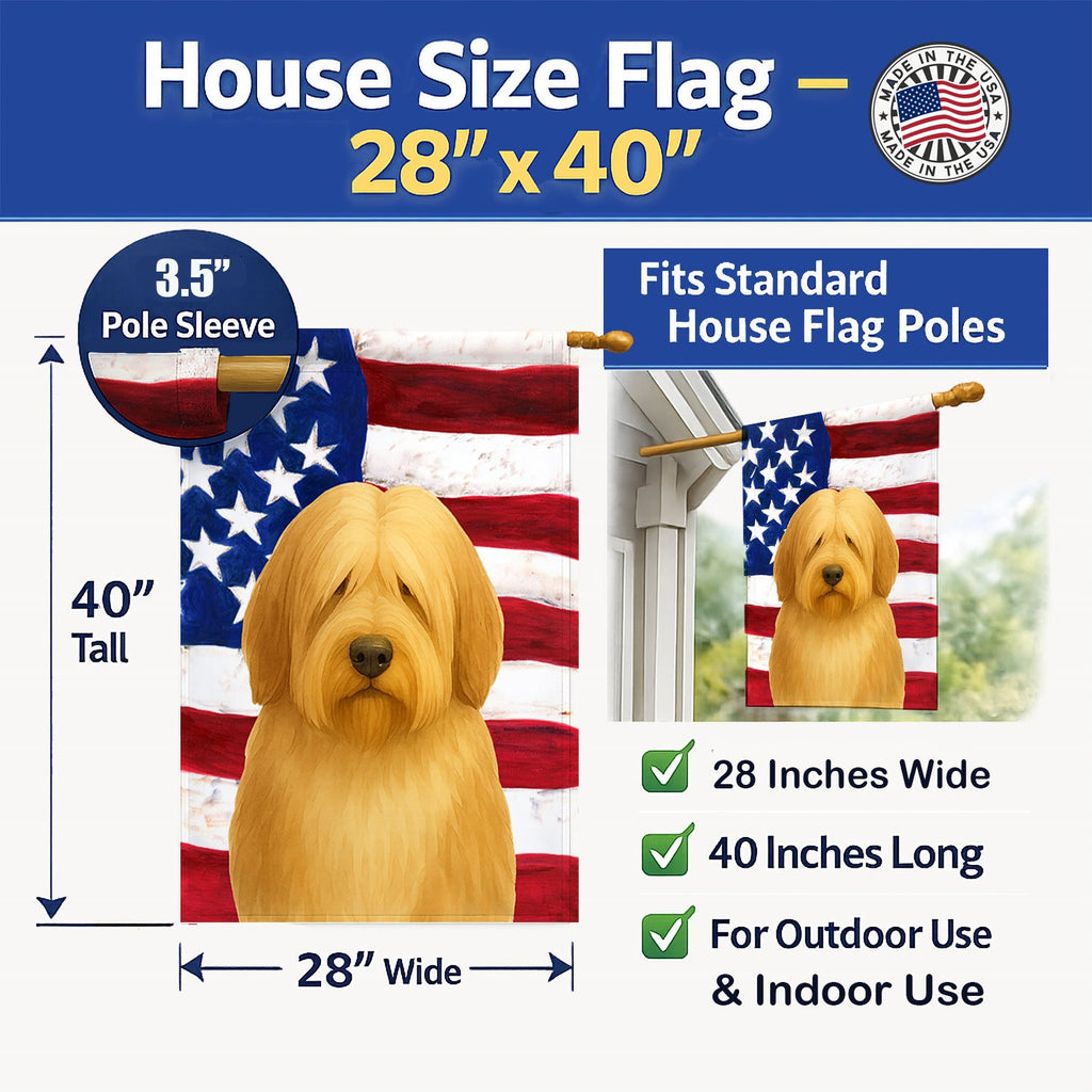 Fawn Bearded Collie American Flag House Flag 28x40 Porch Sleeve Pole Decorative Outside Yard Banner Artwork Wall Hanging, Polyester
