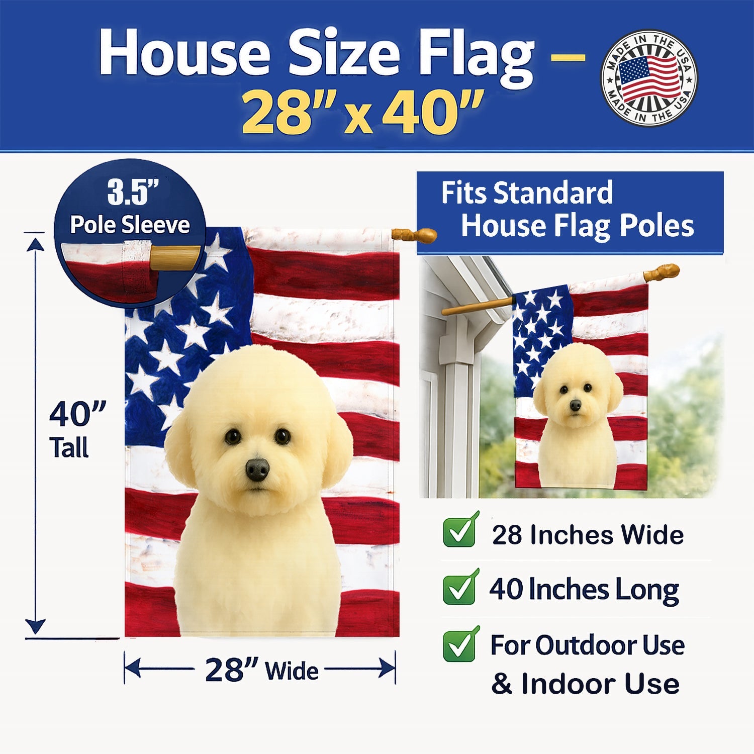 White and Cream Bichon Frise American Flag House Flag 28x40 Porch Sleeve Pole Decorative Outside Yard Banner Artwork Wall Hanging, Polyester