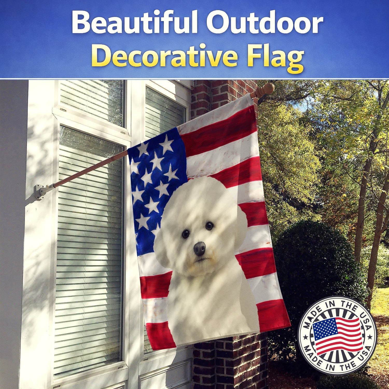 Bichon Frise American Flag House Flag 28x40 Porch Sleeve Pole Decorative Outside Yard Banner Artwork Wall Hanging, Polyester