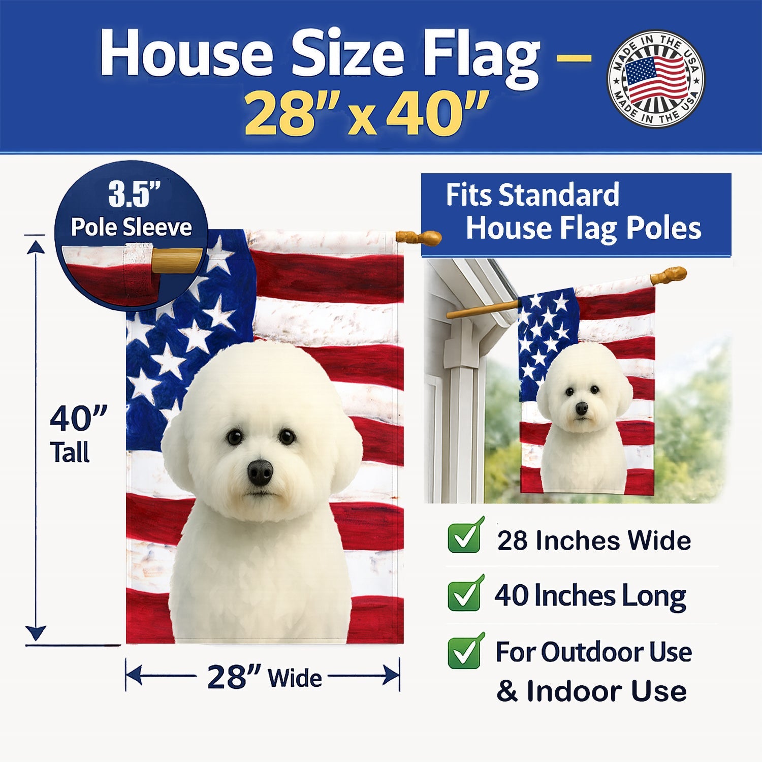 Bichon Frise American Flag House Flag 28x40 Porch Sleeve Pole Decorative Outside Yard Banner Artwork Wall Hanging, Polyester