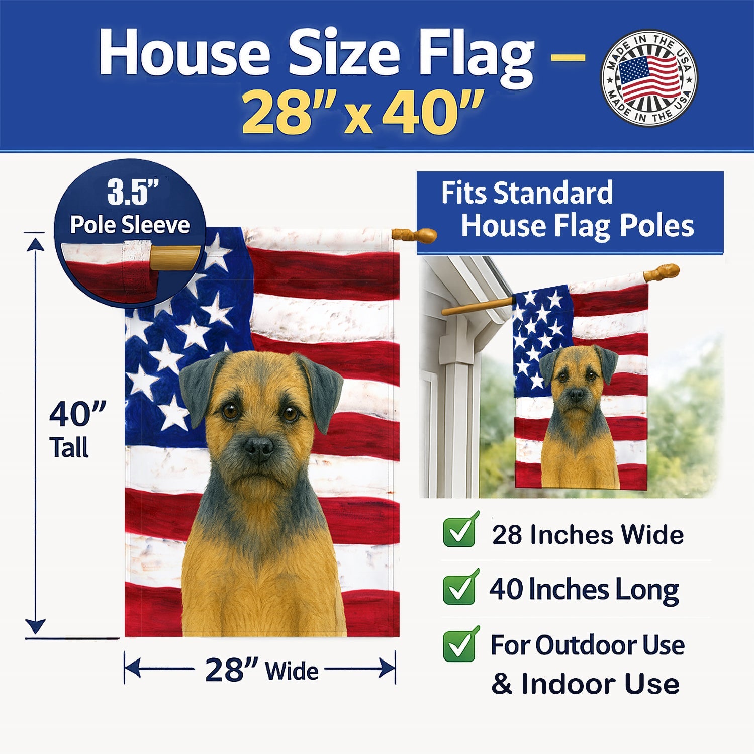Blue and Tan Border Terrier American Flag House Flag 28x40 Porch Sleeve Pole Decorative Outside Yard Banner Artwork Wall Hanging, Polyester