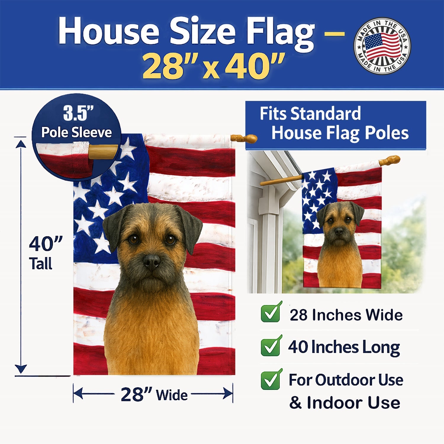 Grizzle and Tan Border Terrier American Flag House Flag 28x40 Porch Sleeve Pole Decorative Outside Yard Banner Artwork Wall Hanging, Polyester