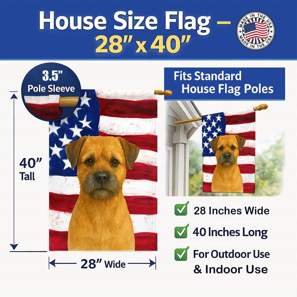 Red Border Terrier American Flag House Flag 28x40 Porch Sleeve Pole Decorative Outside Yard Banner Artwork Wall Hanging, Polyester