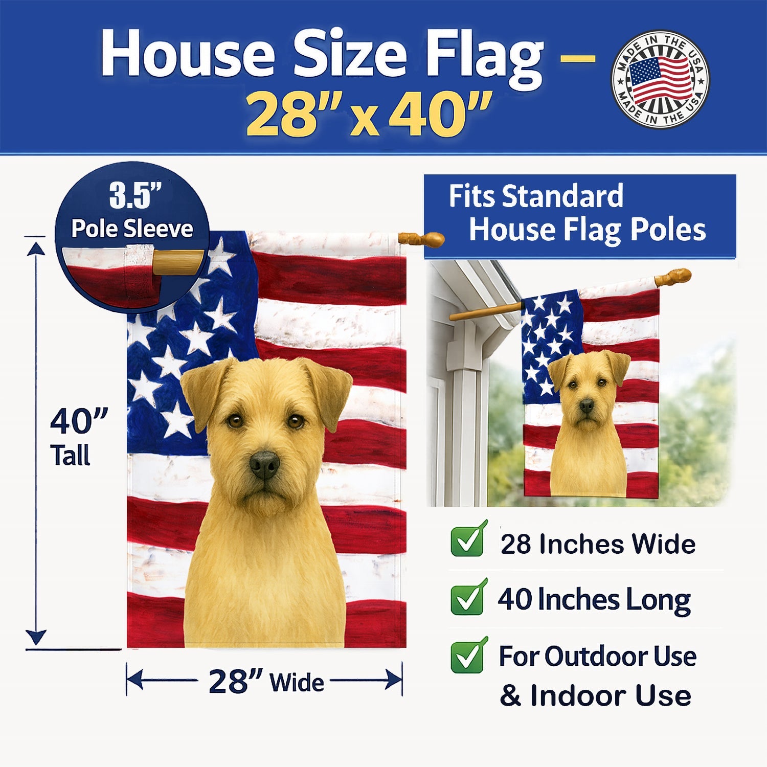 Wheaten Border Terrier American Flag House Flag 28x40 Porch Sleeve Pole Decorative Outside Yard Banner Artwork Wall Hanging, Polyester