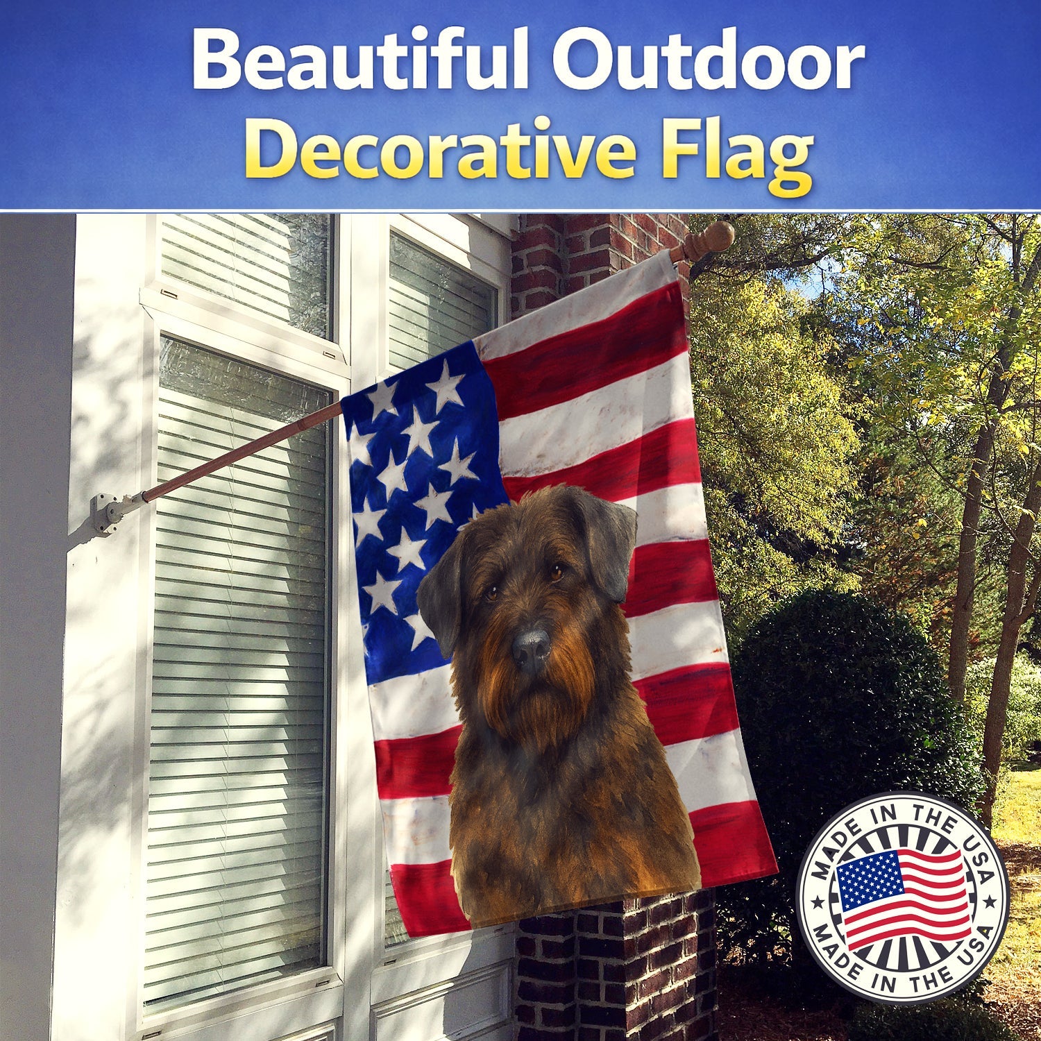 Brindle Bouvier des Flandres American Flag House Flag 28x40 Porch Sleeve Pole Decorative Outside Yard Banner Artwork Wall Hanging, Polyester