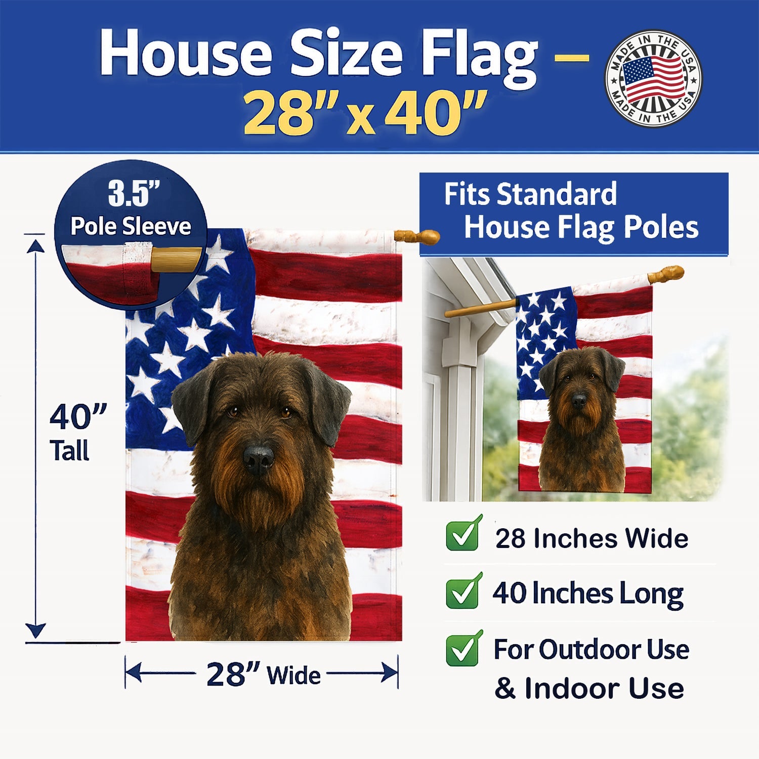 Brindle Bouvier des Flandres American Flag House Flag 28x40 Porch Sleeve Pole Decorative Outside Yard Banner Artwork Wall Hanging, Polyester