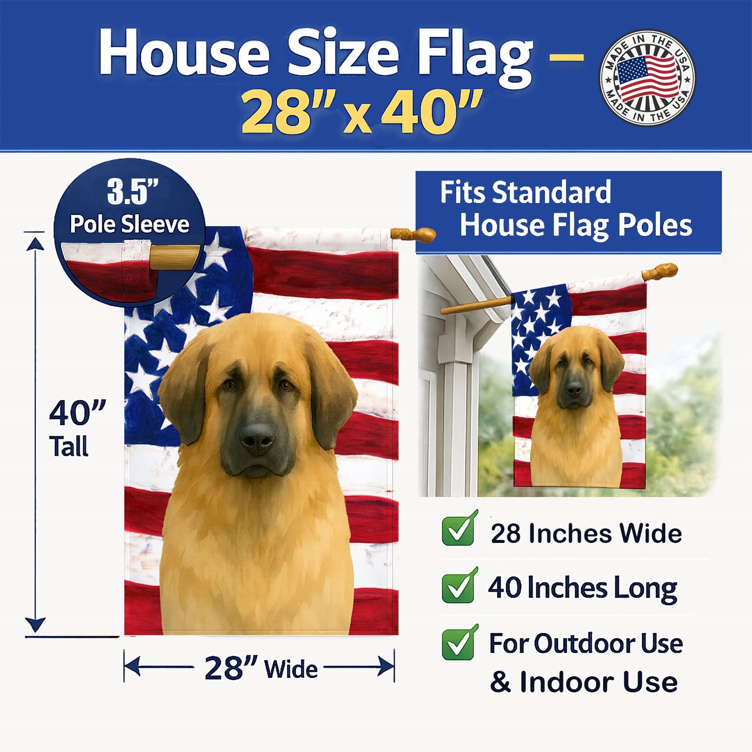Fawn Bouvier des Flandres American Flag House Flag 28x40 Porch Sleeve Pole Decorative Outside Yard Banner Artwork Wall Hanging, Polyester