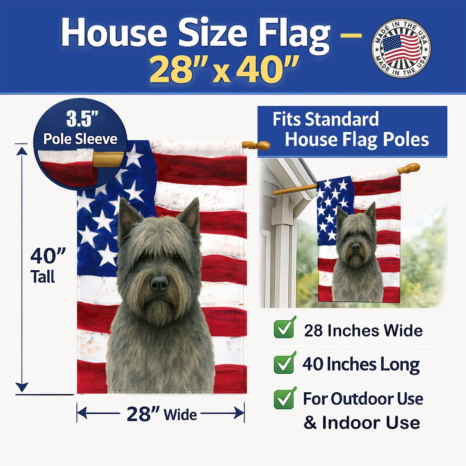 Gray Bouvier des Flandres American Flag House Flag 28x40 Porch Sleeve Pole Decorative Outside Yard Banner Artwork Wall Hanging, Polyester