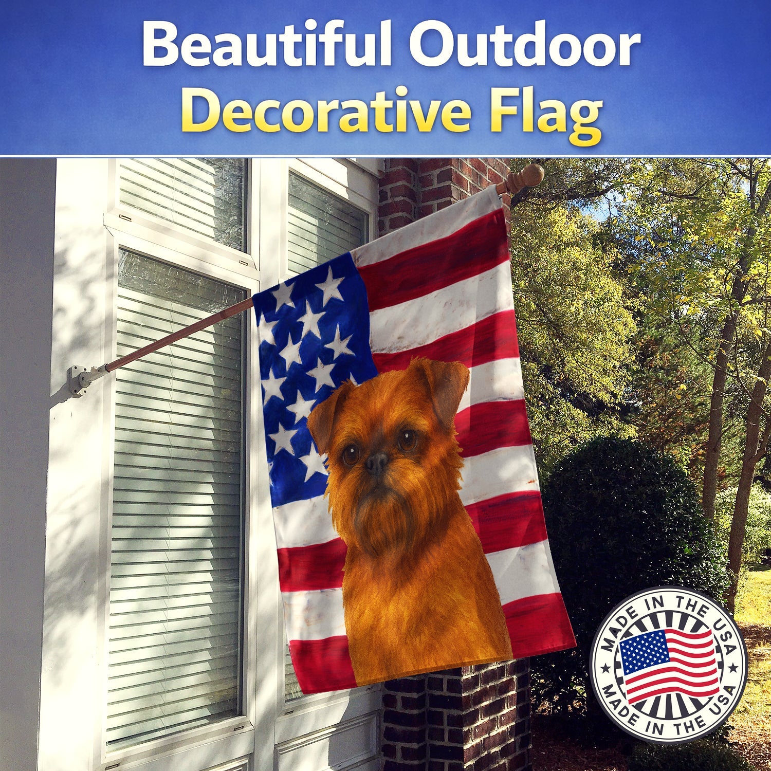 Belge Brussels Griffon American Flag House Flag 28x40 Porch Sleeve Pole Decorative Outside Yard Banner Artwork Wall Hanging, Polyester