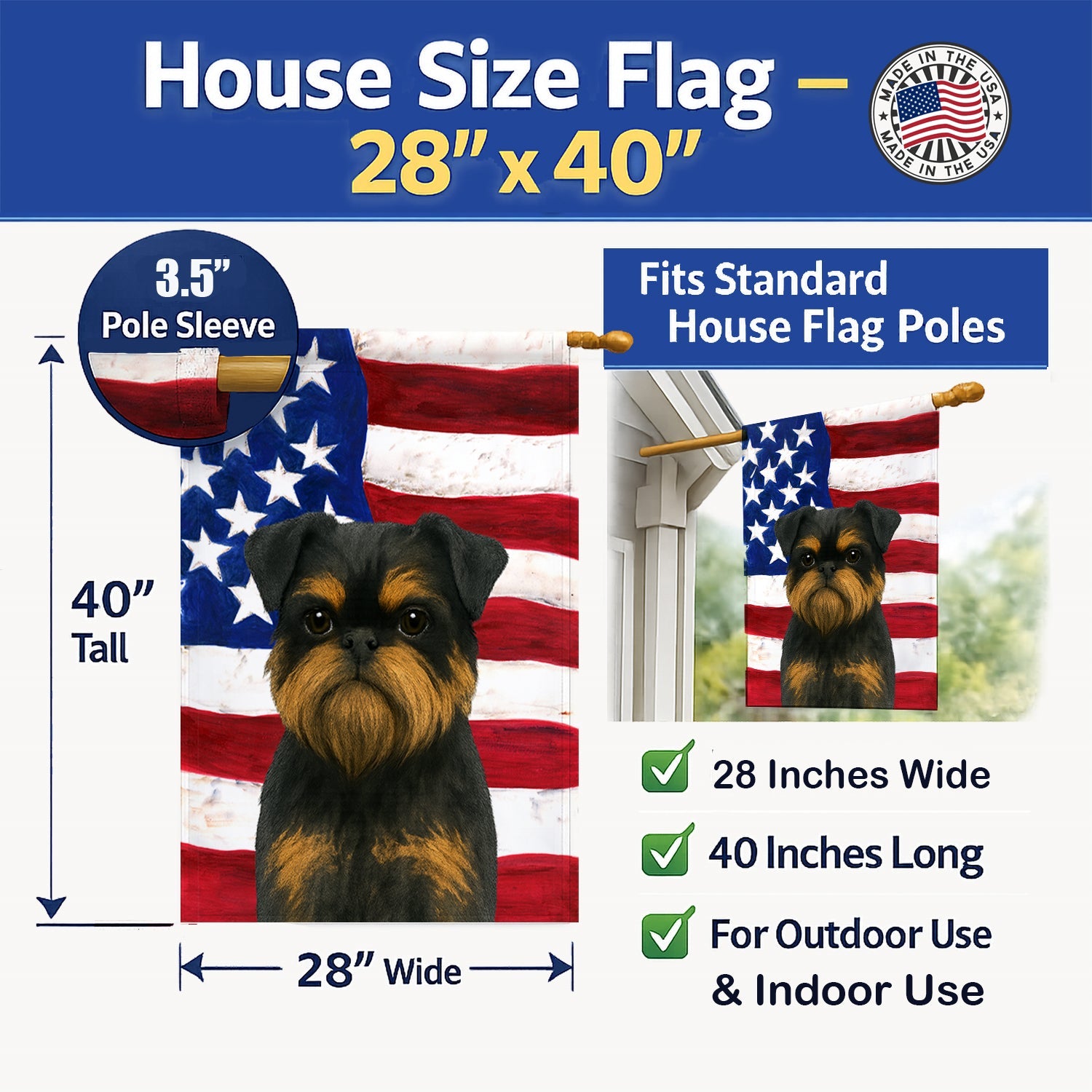 Black and Tan Brussels Griffon American Flag House Flag 28x40 Porch Sleeve Pole Decorative Outside Yard Banner Artwork Wall Hanging, Polyester